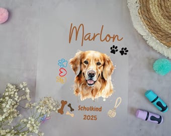 Iron-on transfer for school cone dog Goldenriever with name / date A4