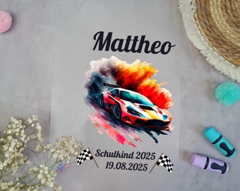 Iron-on image for school cone racing car with name A4