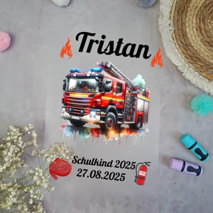 Bügelbild für Schultüte Feuerwehr Aquarell mit Namen / Datum A4