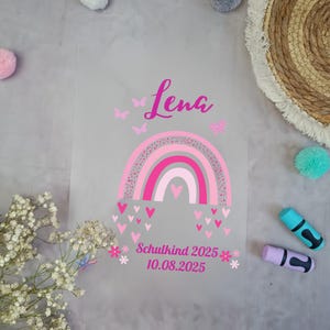 Bügelbild für Schultüte Regenbogen Pink mit Herzen mit Namen / Datum A4