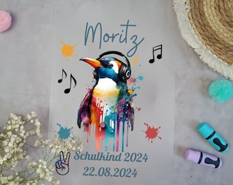 Bügelbild für Schultüte Pinguin Aquarell Cool  mit Namen  A4