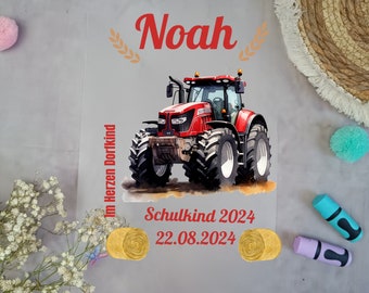Bügelbild Traktor Rot  für Schultüte mit Namen / Datum A4