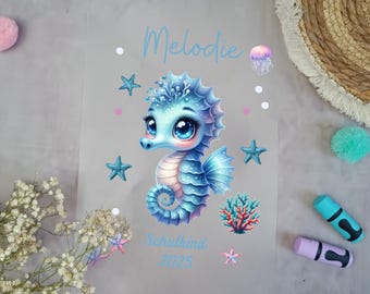 Iron-on image for school cone seahorse unicorn white with name / date A4