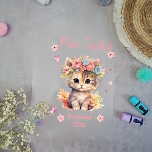 Bügelbild für Schultüte Katze  mit Blumen mit Namen / Datum A4