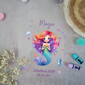 Iron-on picture for school bag Mermaid Colorful with name/date A4