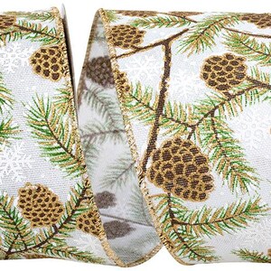 May include: A white wired ribbon featuring a repeating pattern of green pine needles, brown pinecones, and white snowflakes. The edges of the ribbon are finished with a metallic gold thread, providing a structured border to the fabric material.