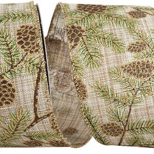 May include: A wide, beige, woven-textured ribbon featuring a repeating pattern of brown pinecones and green pine needles. The edges of the ribbon are finished with a metallic gold thread, and the design includes subtle gold glitter accents throughout.
