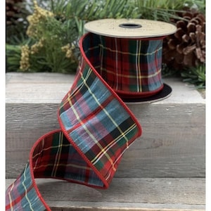 Tartan Blue-Red Faux Dupion Ribbon 4 Inch X 10 Yds - (2) Rolls