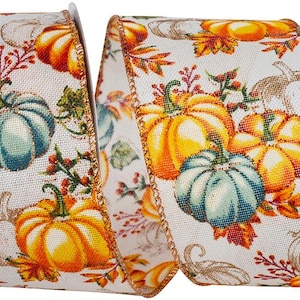 Cinta de lino brillante con borde alambrado y diseño de calabazas multicolor de 6,35 cm (2-1/2 pulgadas).