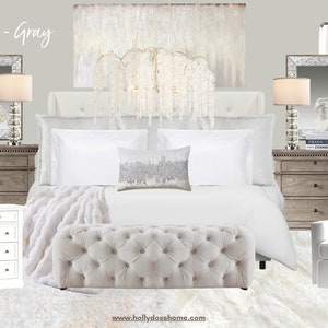 Guía DIGITAL que se puede comprar / Estética del dormitorio / Diseño electrónico / Tablero de estado de ánimo del dormitorio / Decoración gris, blanca y gris pardo / Paredes grises / Benajmin Moore