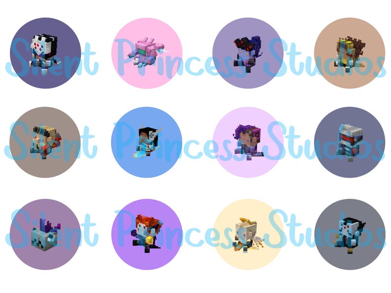 Op de afbeelding: Een verzameling van twaalf ronde stickers, elk met een uniek pixelachtig karakterontwerp. De karakters staan tegen een verscheidenheid aan pastelkleurige achtergronden, waaronder roze, paars, blauw en geel. De tekst "Silent Princess Studios" is zichtbaar.