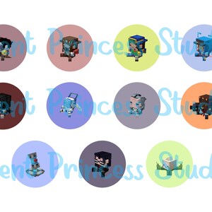 Op de afbeelding: Een verzameling van twaalf pixelachtige karakterontwerpen, elk geplaatst in een gekleurde cirkel. De karakters hebben verschillende outfits en accessoires, met een focus op een blokkerige, digitale esthetiek. De achtergrond bevat de tekst "Silent Princess Studios".