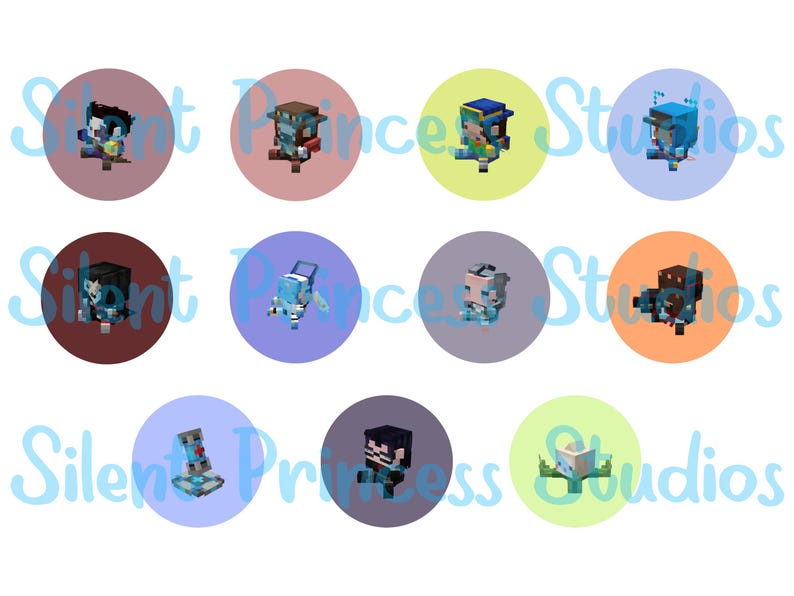 Op de afbeelding: Een verzameling van twaalf pixelachtige karakterontwerpen, elk geplaatst in een gekleurde cirkel. De karakters hebben verschillende outfits en accessoires, met een focus op een blokkerige, digitale esthetiek. De achtergrond bevat de tekst "Silent Princess Studios".