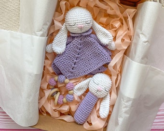 Amigurumi, kit para bebes, oso crochet, regalo babyshower, muñeco de apego, sonajero, manta de apego, gatito, osito, oso panda