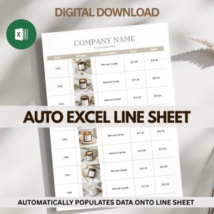 May include: A digital download Excel sheet with a company name and candle product details. The sheet includes images, descriptions, costs, and MSRPs. Text on the sheet reads "AUTO EXCEL LINE SHEET" and "AUTOMATICALLY POPULATES DATA ONTO LINE SHEET."
