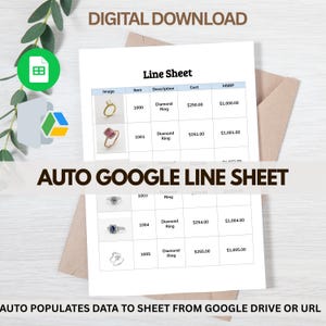 Könnte beinhalten: Ein weißes "Line Sheet"-Dokument mit Bildern von Diamantringen, Artikelnummern, Beschreibungen und Kosten. Das Dokument ist mit "Digitaler Download" und "Auto Google Line Sheet" beschriftet. Der Text "Auto füllt Daten in das Sheet von Google Drive oder URL" ist ebenfalls sichtbar.