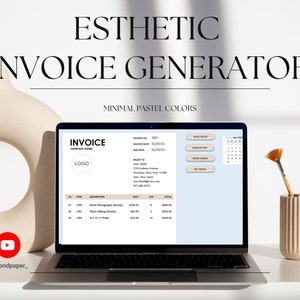 May include: A laptop computer displaying a website for an aesthetic invoice generator. The website has a light blue background with a beige invoice template. The invoice template has fields for invoice number, invoice date, billed to, item, description, quantity, unit price, and total. The website also has buttons for saving data, creating a PDF, sending an email, and previewing the invoice. The laptop is on a white desk with a beige vase and paintbrushes.