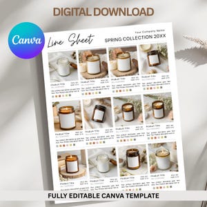 May include: A digital download Canva template featuring a line sheet for a spring collection. The sheet showcases various candle designs in glass jars with white labels. Text includes "DIGITAL DOWNLOAD" and "FULLY EDITABLE CANVA TEMPLATE."