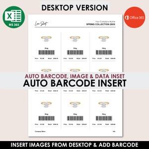 May include: A printable template for creating product tags with a barcode, image, and data inset. The template features a ring with a diamond and a barcode. The text on the template reads "AUTO BARCODE, IMAGE & DATA INSET AUTO BARCODE INSERT".