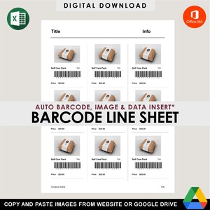 Puede incluir: Una plantilla de hoja de línea de código de barras imprimible para crear etiquetas de productos. La plantilla incluye espacio para una imagen de producto, un título, un precio y un código de barras. La plantilla está diseñada para ser utilizada con Microsoft Excel.