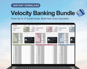 Peut inclure: Un écran d'ordinateur portable affiche une feuille de calcul Velocity Banking Bundle pour suivre jusqu'à 12 cartes de crédit. L'interface comprend des tableaux pour les détails, les soldes et les intérêts, avec des icônes de cartes.