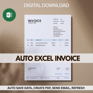 May include: A digital invoice template with the text "Invoice" and "Auto Excel Invoice." The invoice includes fields for company name, invoice number, date, and amount due. The document also includes the text "Auto Save Data, Create PDF, Send Email, Refresh."
