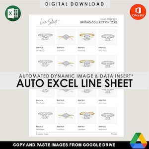 May include: A digital download for an Excel line sheet template. The template features a grid of four images of rings, each with a unique design. The images are labeled with product numbers and descriptions, such as "B897629 Silver Plated" and "B897630 Gold Plated". The template also includes space for company name and website information. The text "AUTO EXCEL LINE SHEET" is displayed in large, bold letters.