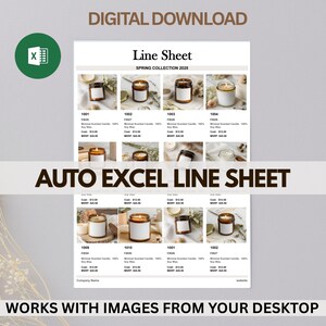 May include: A digital download line sheet for a spring collection of candles. The sheet features images of candles in glass jars with labels. Text includes "Line Sheet SPRING COLLECTION 2025" and "AUTO EXCEL LINE SHEET". The image also includes the text "DIGITAL DOWNLOAD" and "WORKS WITH IMAGES FROM YOUR DESKTOP".