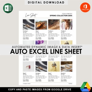 May include: A line sheet for a jewelry collection with images of earrings, rings, necklaces, and bracelets. The sheet includes product names, descriptions, and prices. The text "AUTO EXCEL LINE SHEET" is at the top of the sheet.