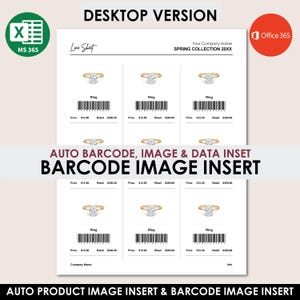 May include: A digital line sheet template for a spring collection featuring a grid of gold rings. Each entry displays a ring image, the word Ring, a barcode, and price fields. The document includes text headers like Desktop Version, Line Sheet, and Office 365.
