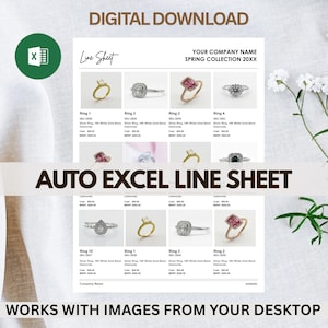 May include: A digital download product sheet featuring various diamond rings. The sheet includes product images, SKU numbers, and cost information. Text includes "DIGITAL DOWNLOAD", "AUTO EXCEL LINE SHEET", and "WORKS WITH IMAGES FROM YOUR DESKTOP".