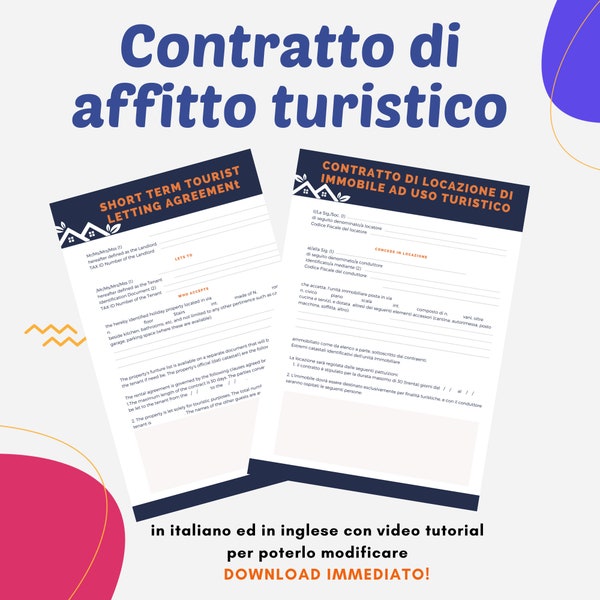 Contratto di affitto ad uso turistico in italiano ed inglese, editabile 100%, video tutorial, stampe illimitate