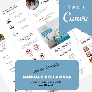 House manual/Airbnb Welcome book in Italian and English editable with Canva. Video tutorial, with 15 template pages.