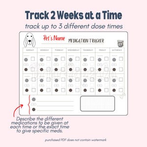 May include: A printable pet medication tracker with a black and white illustration of a dog. The tracker is designed to track medication for two weeks at a time and includes space to note up to three different dose times per day. The tracker also includes a section to describe the different medications to be given at each time.