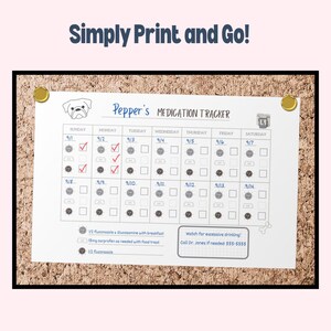 May include: A printable medication tracker for a pet named Pepper. The tracker includes a calendar with checkboxes for each day of the week, along with a list of medications and instructions. The text "watch for excessive drinking! Call Dr. Jones if needed: 555-5555" is included.