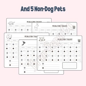 May include: Five printable medication trackers with different pet icons. Each tracker has a grid for recording medication administration for each day of the week. The icons include a turtle, a rabbit, a hamster, a bird, and a cat.