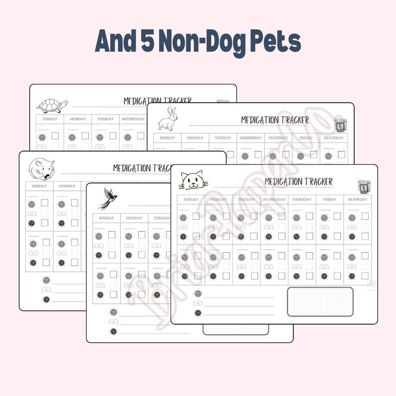 May include: Five printable medication trackers with different pet icons. Each tracker has a grid for recording medication administration for each day of the week. The icons include a turtle, a rabbit, a hamster, a bird, and a cat.