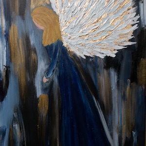 Original contemporary blue and gold guardian angel angel wings gold wings modern artwork art for home art for nursery angel painting