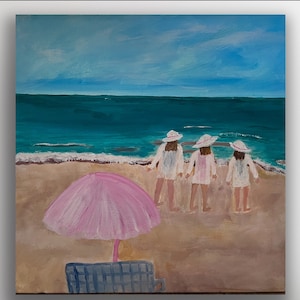 16 x 16 original acrylic painting/ beach painting/ sisters at beach painting/ coastal decor