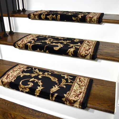 FHL Premium Pet Friendly shops Tape and Adhesive Free Non-Slip Bullnose Carpet Stair Treads - Black Scrollwork (Set of 3) 26