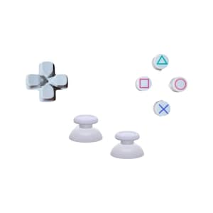 May include: A set of replacement buttons for a video game controller. The set includes two white analog stick caps, a white directional pad, and five white face buttons with colored symbols: a blue triangle, a pink square, a red circle, and a blue X.