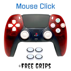 May include: A red and black PlayStation 5 controller with white buttons and grips. The controller has the words "Mouse Click" printed above it and "FREE GRIPS" printed below it.