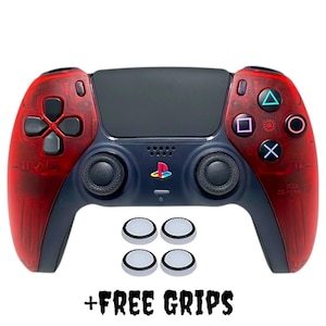 May include: A black and red PlayStation 5 DualSense controller with four white thumbstick grips.  + FREE GRIPS