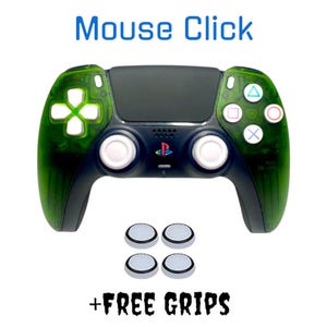 May include: A green and black PlayStation 5 controller with white buttons and a PlayStation logo. The controller comes with four black and white thumb grips. The text "Mouse Click + FREE GRIPS" is at the bottom of the image.
