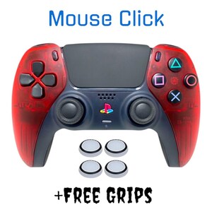 May include: Red and black PlayStation 5 controller with four white thumbstick grips. The controller has the text "Mouse Click" above it and "FREE GRIPS" below it.