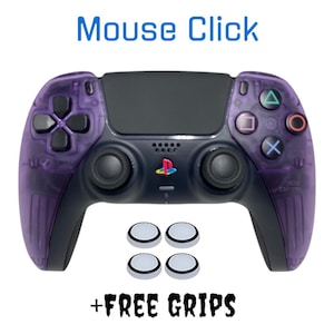 May include: A purple translucent PlayStation 5 DualSense controller with four white thumbstick grips. The text "Mouse Click" is above the controller and "FREE GRIPS" is below the controller.