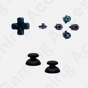 May include: A set of replacement buttons for a Playstation controller. The set includes a black cross-shaped button, a black circle button, a black square button, a black triangle button, a black PlayStation logo button, and two black dome-shaped thumbstick caps.
