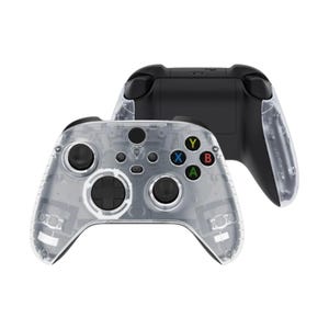 May include: A clear, transparent Xbox controller with black buttons and a black faceplate. The controller is shown with the front facing the camera and the back of the controller is visible in the background.
