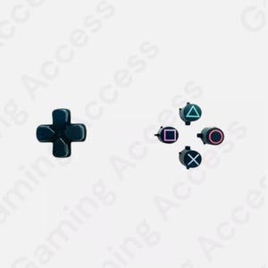 May include: A set of black replacement buttons for a game controller. The buttons feature the standard PlayStation symbols: a cross, a circle, a triangle, and a square. The buttons are designed to fit a standard PlayStation controller.