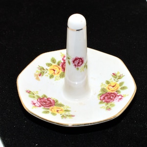 Vintage Shiny Porcelain Ring Holder Trinket Dish with Pink and Yellow Roses and Gold Accents - Made in China